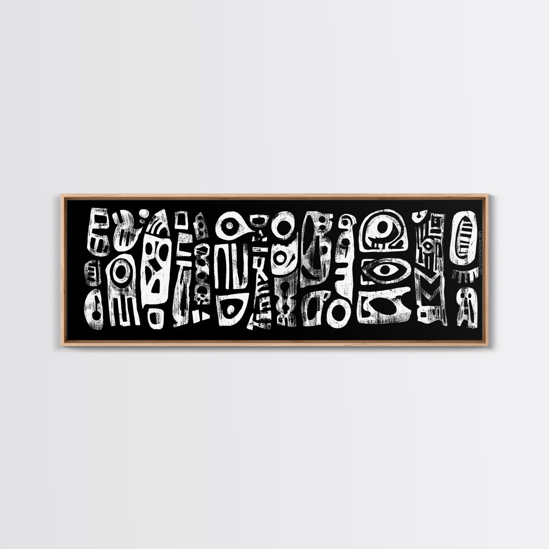 White Abstract African Mask Symbols Canvas Print, Black Tribal Pattern Wall Decor, Afrocentric Modern Art, Ethnic Art Print