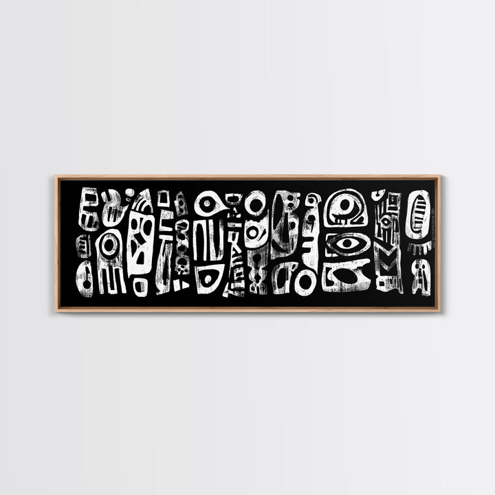 White Abstract African Mask Symbols Canvas Print, Black Tribal Pattern Wall Decor, Afrocentric Modern Art, Ethnic Art Print