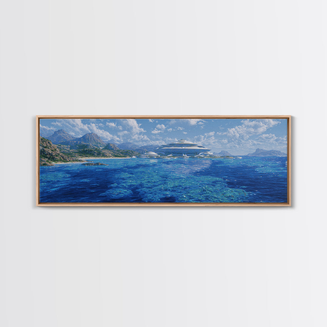 Blue Mediterranean Coast Futuristic Yacht Wall Art, Ocean Landscape Canvas Decor, Luxury Travel Poster, Modern Home Art Print