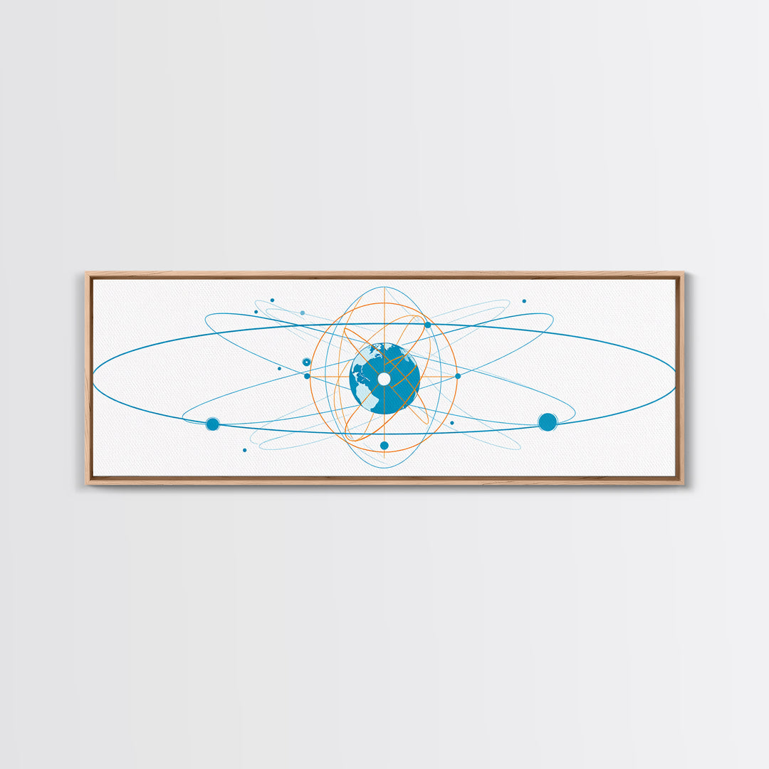 Blue Orange Atomic Globe Orbit Canvas Print, Modern Science Wall Art, Geometric Digital Art, Futuristic Office Decor Print
