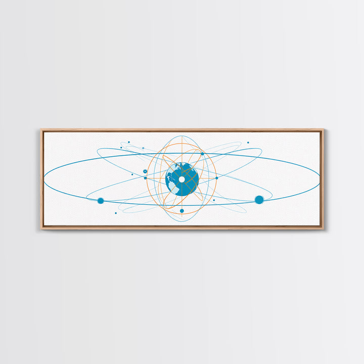 Blue Orange Atomic Globe Orbit Canvas Print, Modern Science Wall Art, Geometric Digital Art, Futuristic Office Decor Print