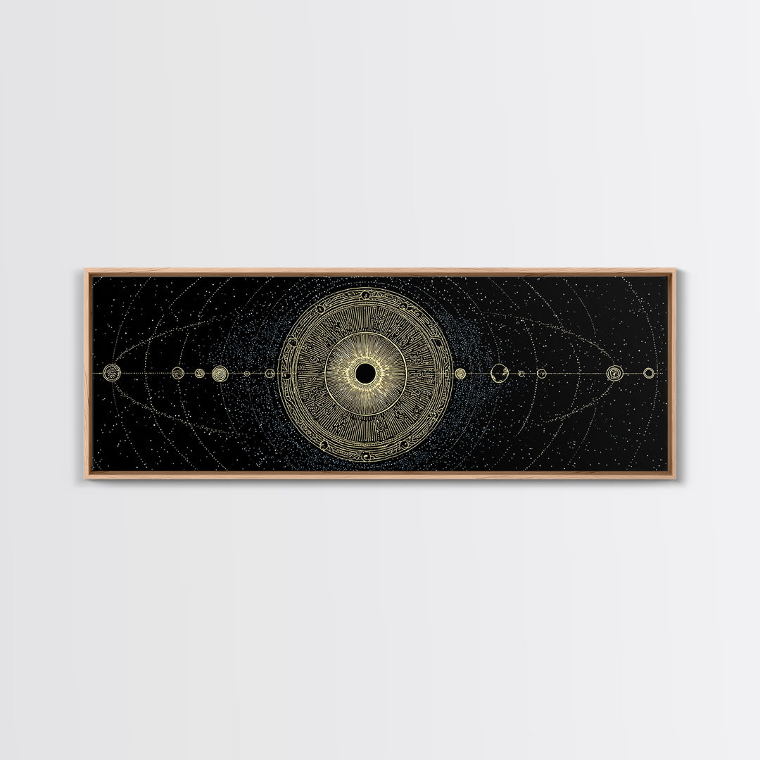 Golden Sacred Geometry Solar System Canvas Print, Celestial Mandala Wall Decor, Luxury Astronomy Poster, Boho Home Decor
