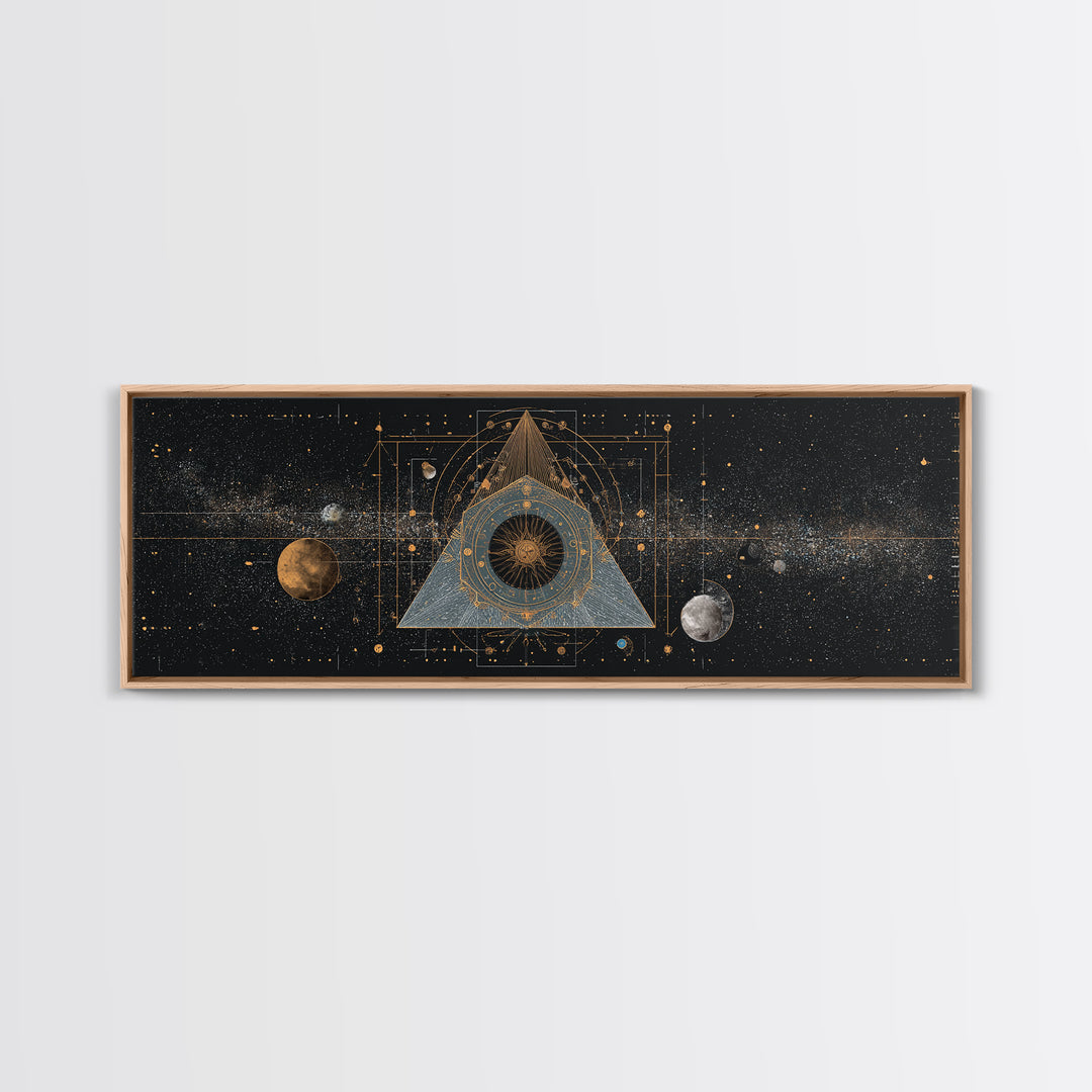 Mystic Planetary Triangle Framed Canvas Print, Gold Celestial Space Wall Art, Sacred Geometry Poster, Modern Home Decor Gift