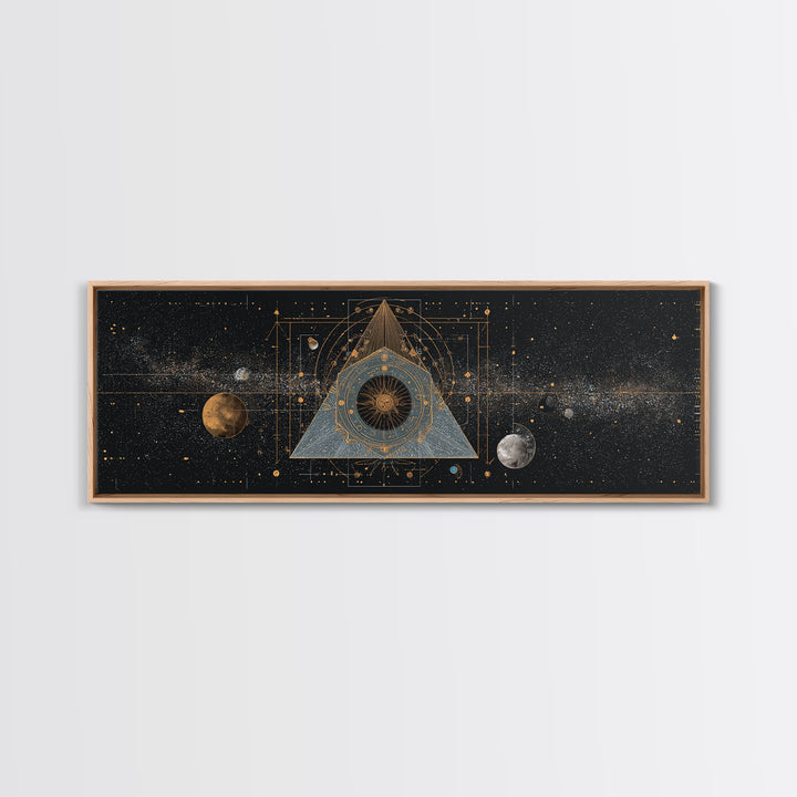 Mystic Planetary Triangle Framed Canvas Print, Gold Celestial Space Wall Art, Sacred Geometry Poster, Modern Home Decor Gift