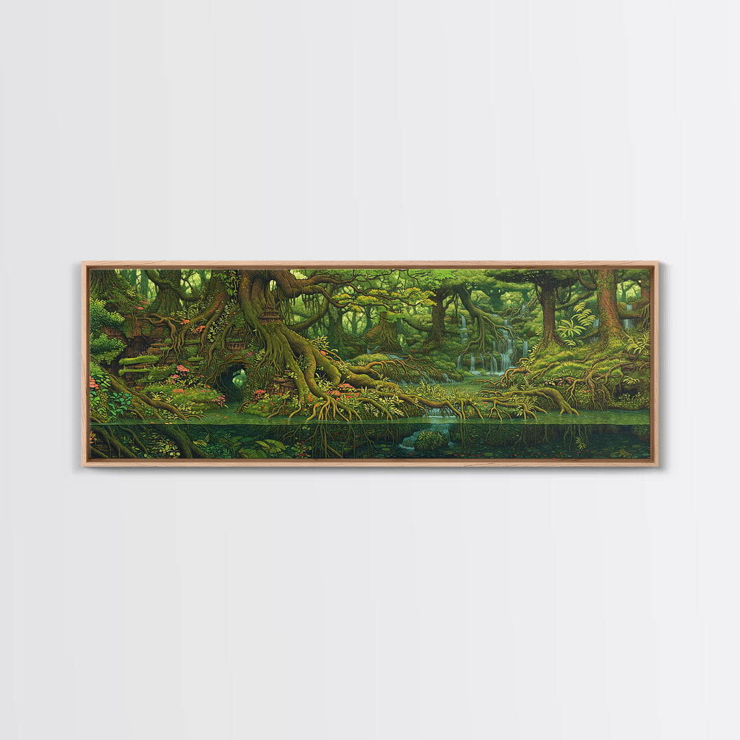 Ancient Jungle River Roots Wall Art, Lush Green Forest Canvas Print, Nature Scene Decor, Fantasy Landscape Home Decor Gift