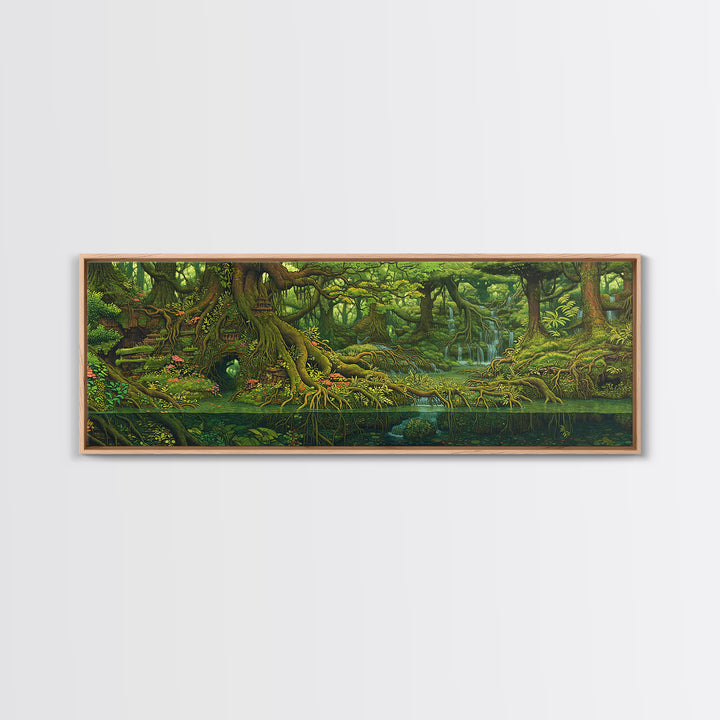 Ancient Jungle River Roots Wall Art, Lush Green Forest Canvas Print, Nature Scene Decor, Fantasy Landscape Home Decor Gift