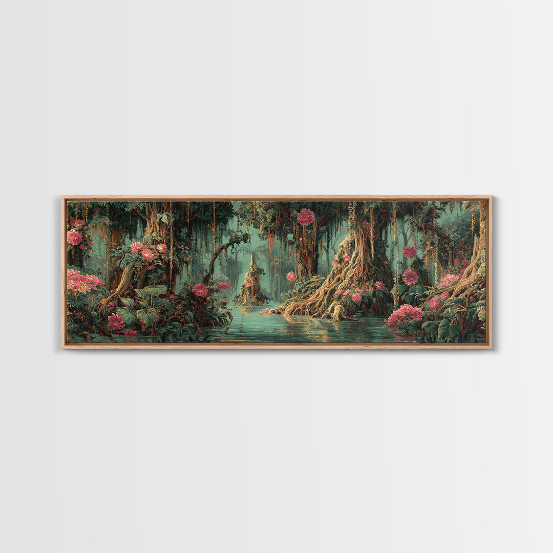 Enchanted Swamp With Pink Blooms Framed Canvas Print, Mystical Jungle Wall Art, Floral Nature Scene, Boho Home Decor Gift