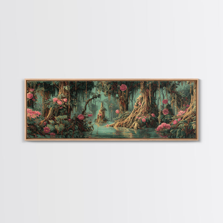 Enchanted Swamp With Pink Blooms Framed Canvas Print, Mystical Jungle Wall Art, Floral Nature Scene, Boho Home Decor Gift
