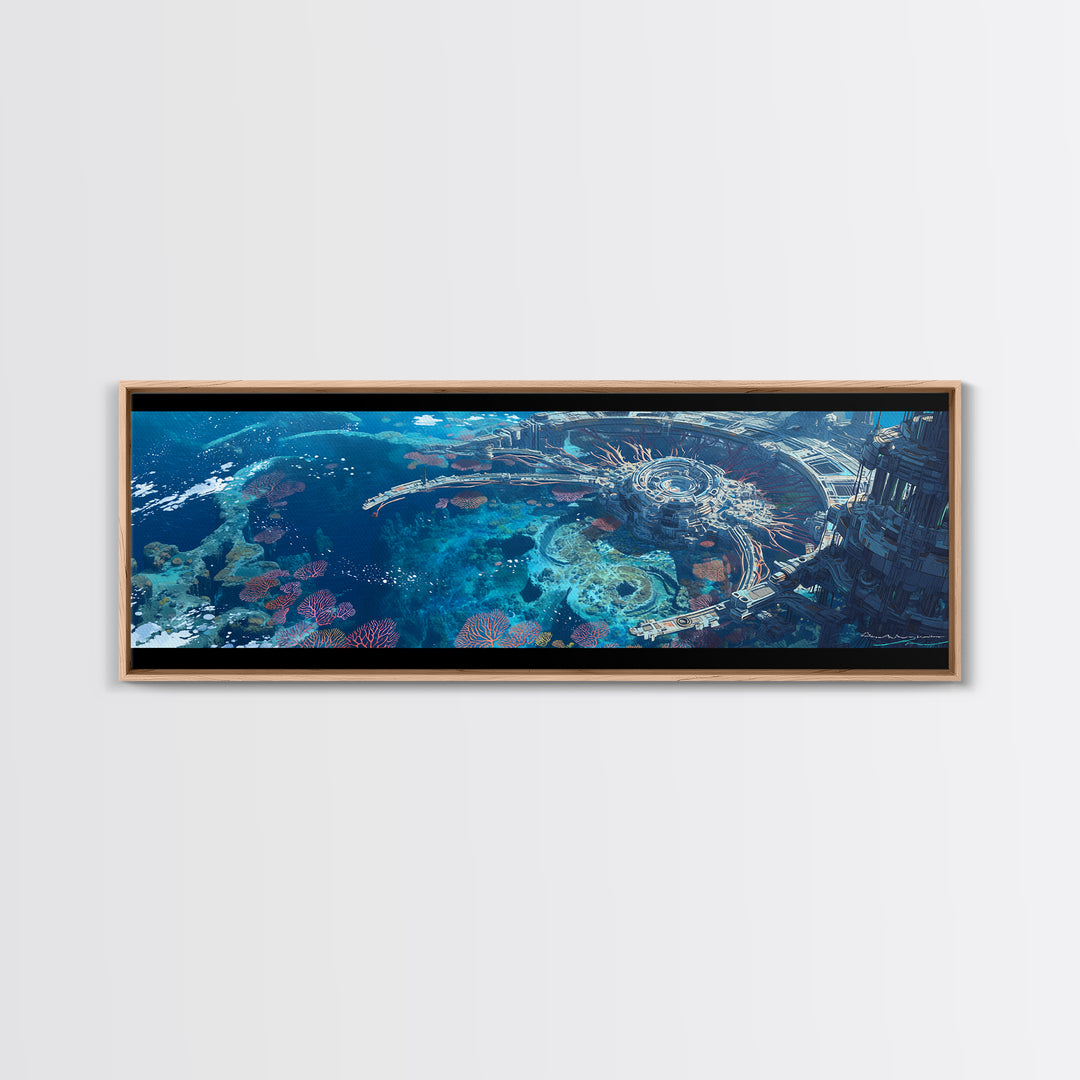 Futuristic Underwater Reef City Canvas Print, Blue Ocean Sci Fi Wall Art, Coral Seascape Poster, Unique Wall Decor Gift Idea
