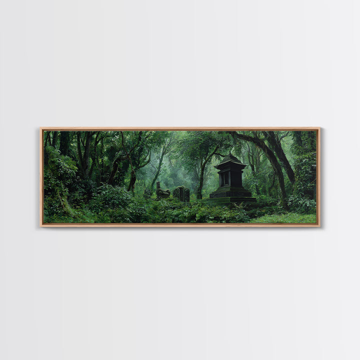 Ancient Jungle Tomb And Forest Ruins Framed Canvas Print, African Landscape, Mystical Wall Art, Dark Green Office Decor Gift