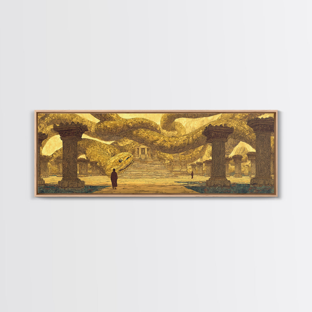 Ancient Golden Serpent Temple Wall Art, African Egyptian Art, Mythic Snake Decor, Luxury Canvas Print For Statement Room