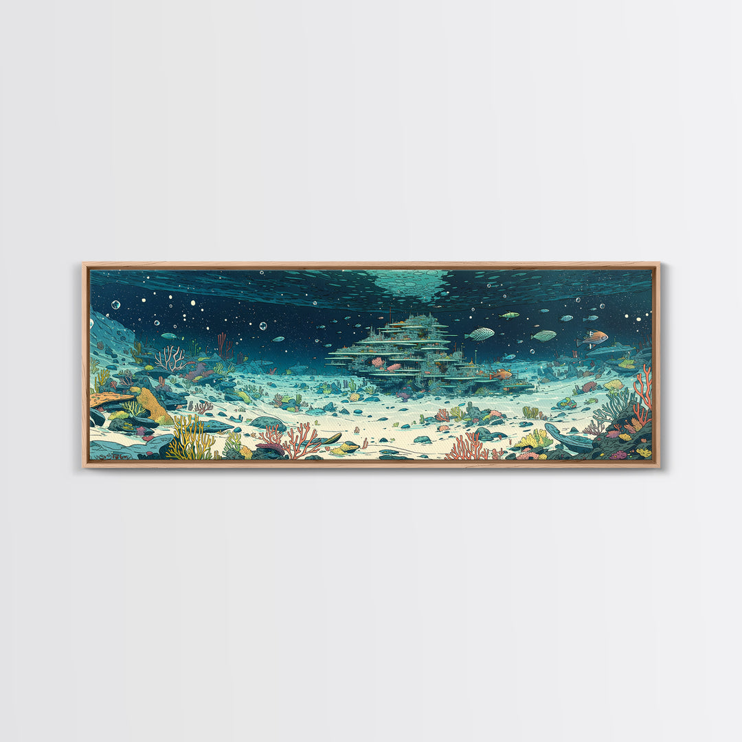 Underwater Coral Reef City With Fish Canvas Print, Ocean Wall Art, Beach Art, Blue Nature Scene, Coastal Home Decor Gift