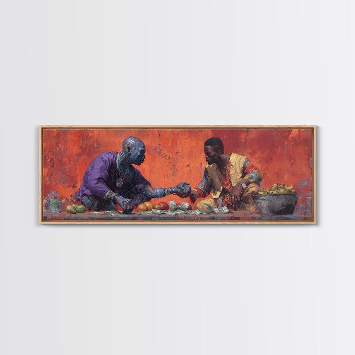 African Market Handshake Scene Canvas Print, African Wall Art, Cultural Art, Orange Painting, Afrocentric Home Decor Gift