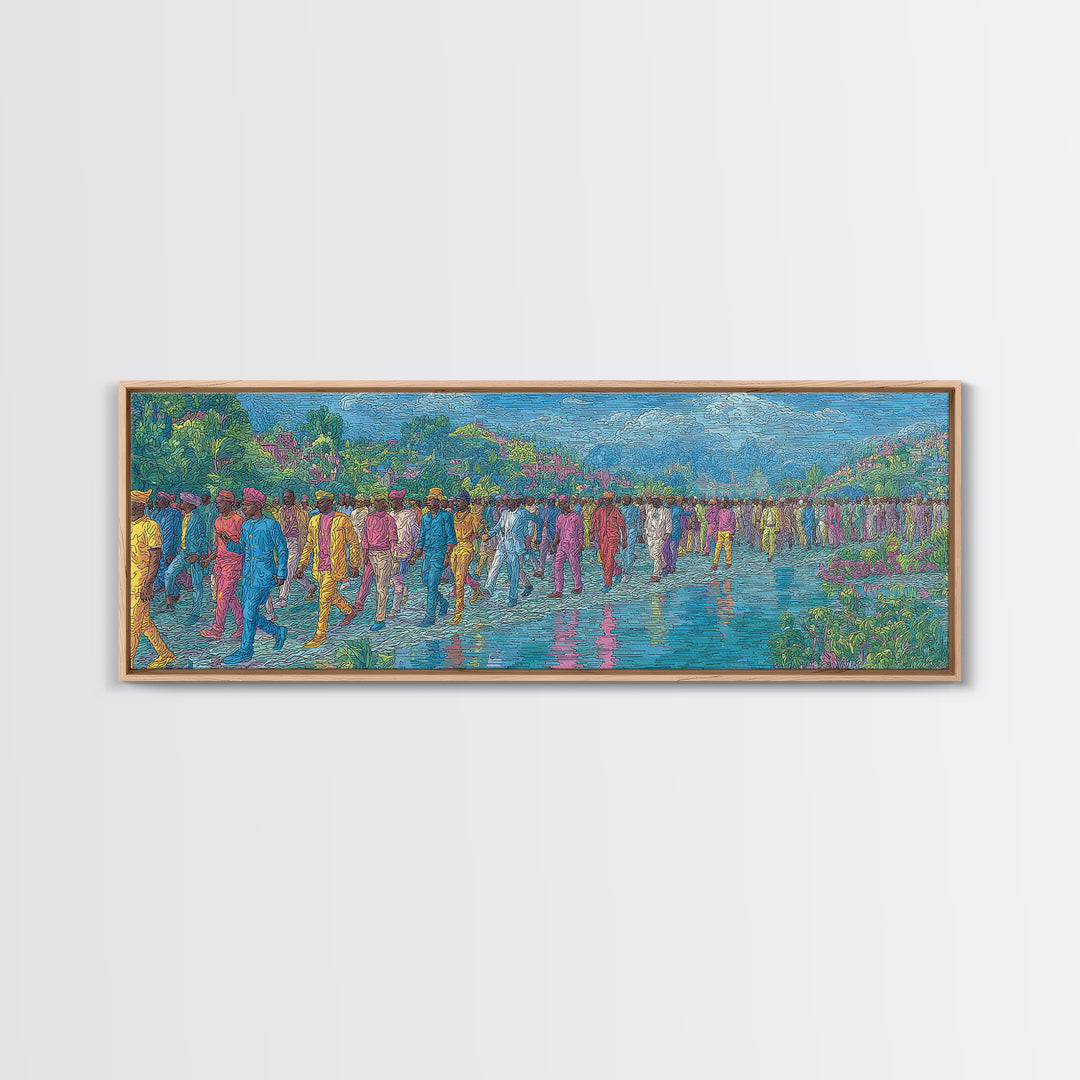 Colorful Riverside Crowd Abstract Wall Art, African Inspired Canvas Print, Modern Art, Vibrant Home Decor, Large Wall Art