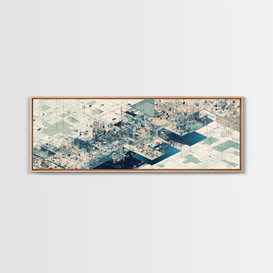 Isometric Futuristic City Grid Wall Art, Digital Art Canvas Print, Modern Office Decor, Geometric Wall Art, Tech Blue Art