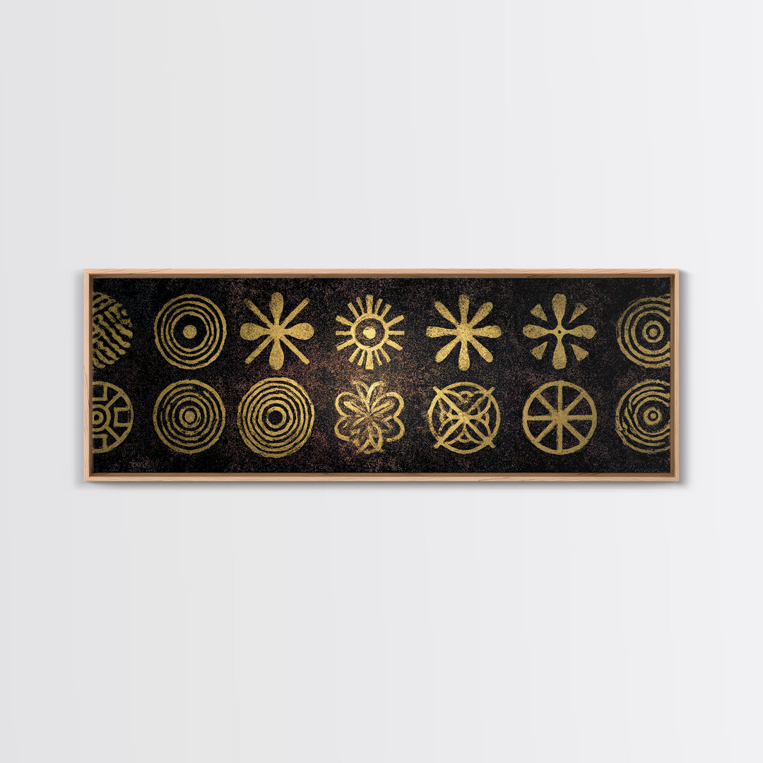 Gold Tribal Symbol Pattern Canvas Print, African Tribal Art, African Patterns, Black And Gold Art, Cultural Wall Decor, Boho Decor