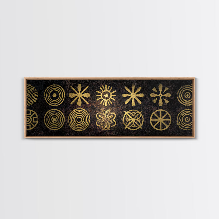 Gold Tribal Symbol Pattern Canvas Print, African Tribal Art, African Patterns, Black And Gold Art, Cultural Wall Decor, Boho Decor