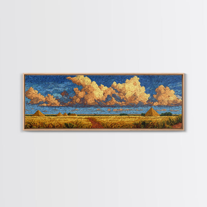 Golden Pyramids Under Textured Clouds Framed Canvas Print, African Egyptian Art, African Landscape, Blue And Gold Canvas, Decor
