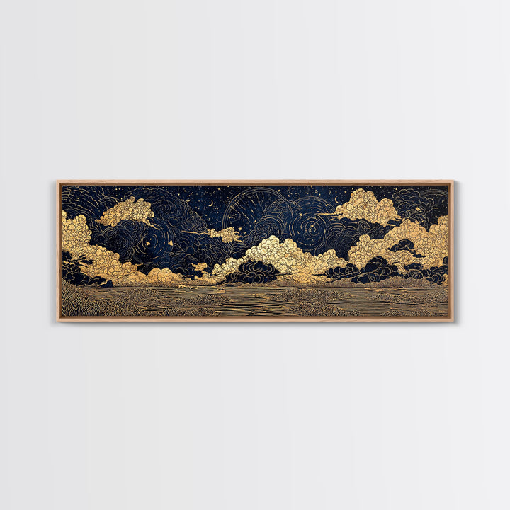 Gold Line Celestial Clouds Over Water Wall Art, African Abstract, Spiritual Wall Art, Mystical Wall Art, Black And Gold Art Decor