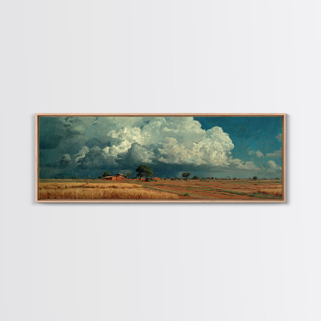 Rustic Farmhouse Beneath Towering Clouds Canvas Print, African Landscape, Earth Tone Wall Art, Nature Scene Art, Home Decor