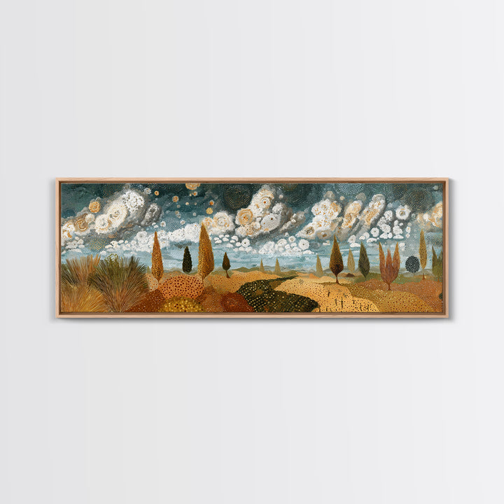 Golden African Savanna Hills Wall Art, Abstract Storm Cloud Landscape, Earth Tone Canvas Decor, Boho Living Room Art Print