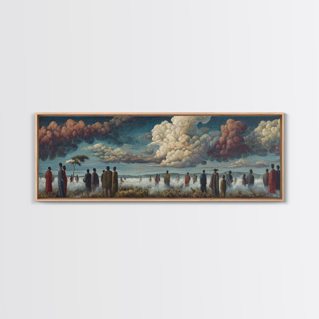 Misty African Gathering Wall Art, Dramatic Cloud Lake Landscape, Afrocentric Canvas Decor, Cultural Living Room Print Gift
