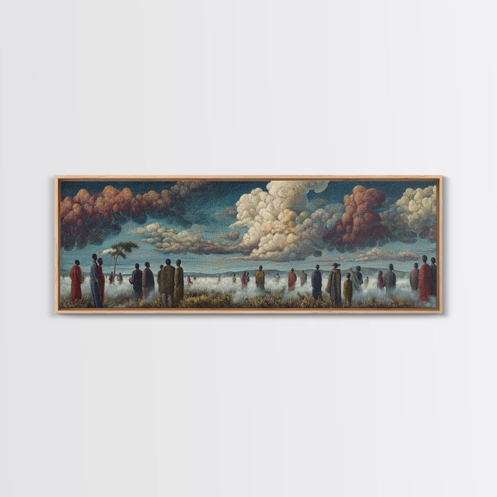 Misty African Gathering Wall Art, Dramatic Cloud Lake Landscape, Afrocentric Canvas Decor, Cultural Living Room Print Gift