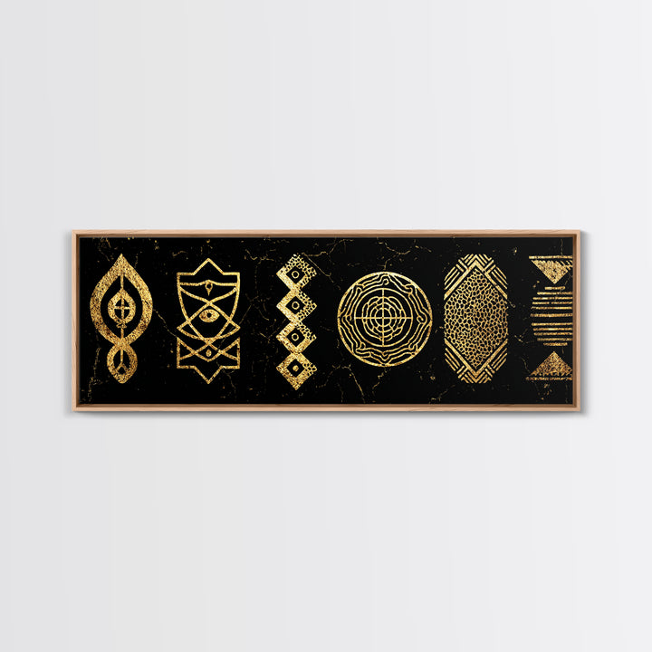 Gold Tribal Symbols Canvas Print, African Geometric Pattern Wall Decor, Abstract Black And Gold Art, Modern Ethnic Decor