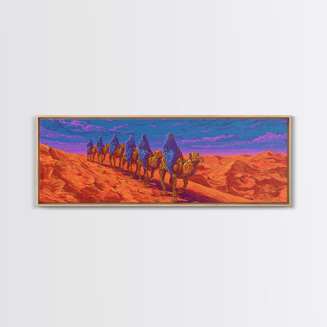 Vibrant Camel Caravan In Orange Desert Mountains, African Safari Art Canvas Print, Serengeti Wall Decor, Travel Gift, Unique Home Decor
