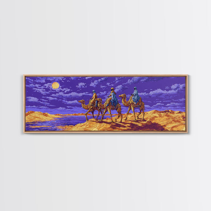 Moonlit Camel Caravan Across Purple Dunes, African Safari Art Framed Canvas Print, Dreamy Wall Art, Unique Home Decor Gift
