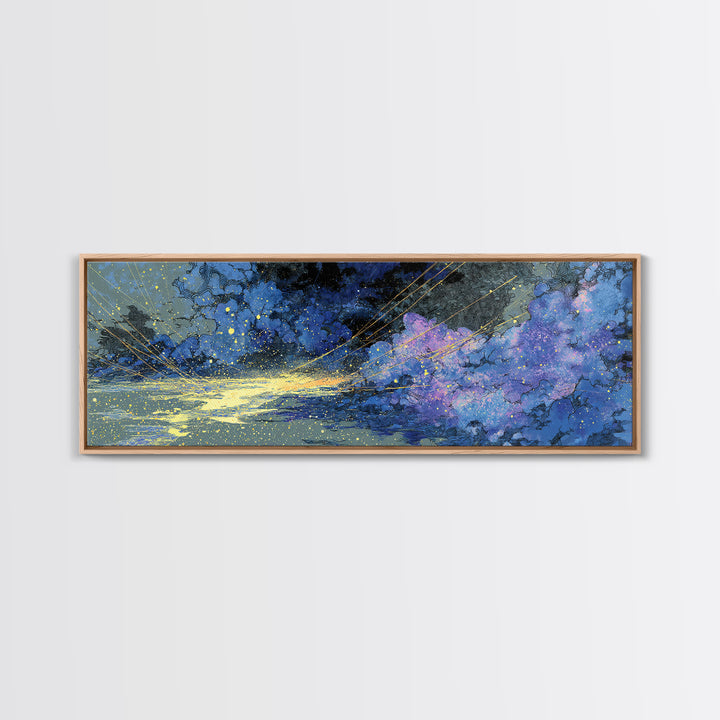 Blue Gold Cosmic Waves With Starry Light, African Abstract Wall Art, Modern Canvas Art, Dreamy Wall Decor, Luxury Home Decor