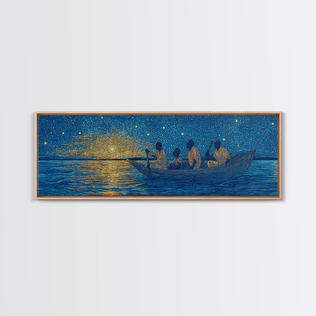 Golden Sunset Canoe Fishermen Wall Art, African Safari Art Print, Blue Lake Landscape, Serene Bedroom Canvas Home Decor Gift