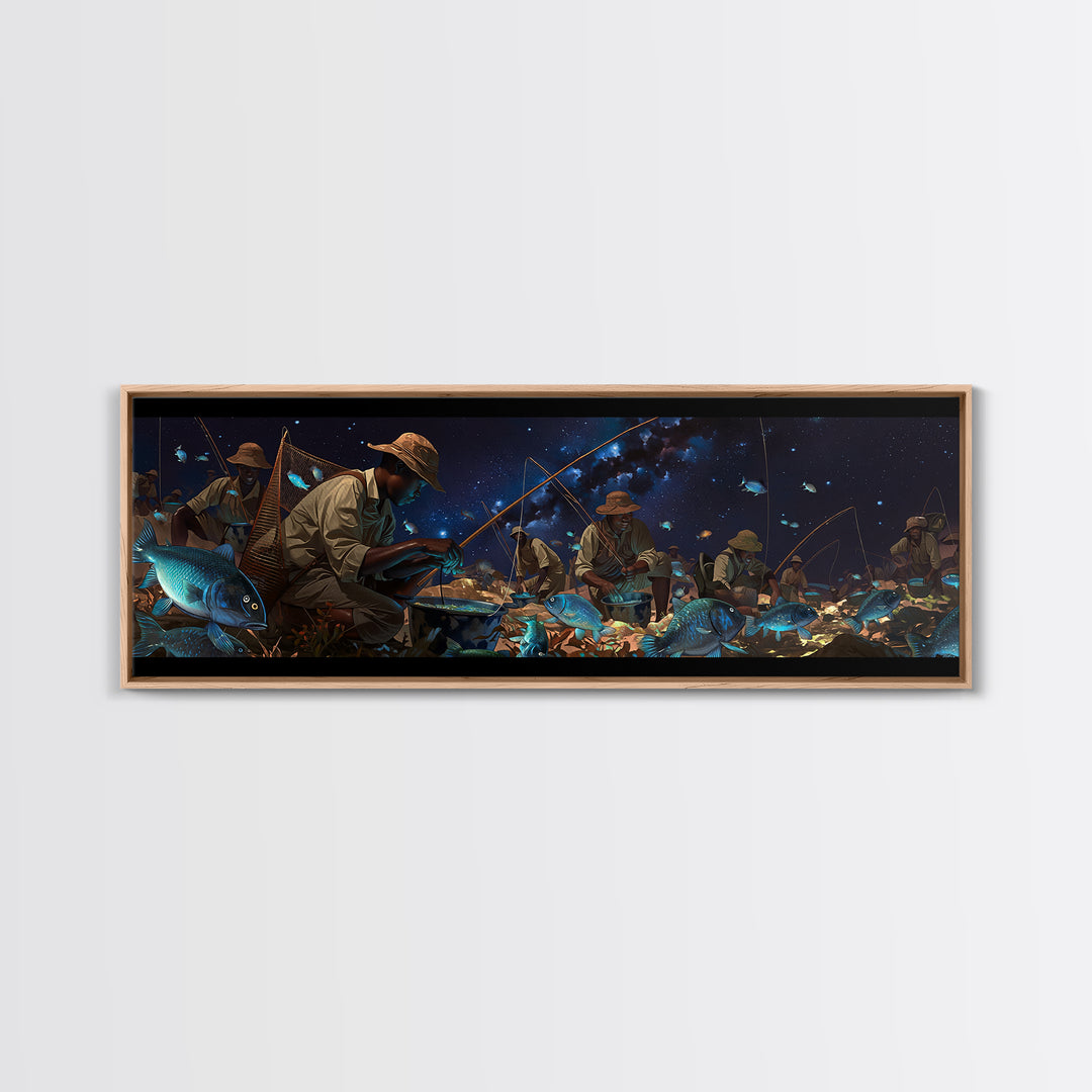 Glowing Blue Fish Night Market Canvas Print, African Fishermen Wall Art, Afrofuturism Decor, Contemporary Gallery Art Gift