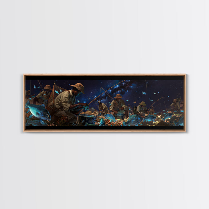 Glowing Blue Fish Night Market Canvas Print, African Fishermen Wall Art, Afrofuturism Decor, Contemporary Gallery Art Gift