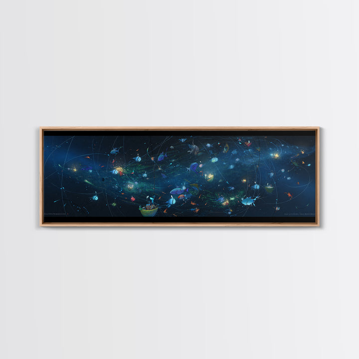 Cosmic Ocean Fish And Nets Wall Art, Dreamy Canvas Print, African Inspired Underwater Scene, Modern Blue Home Decor Gift