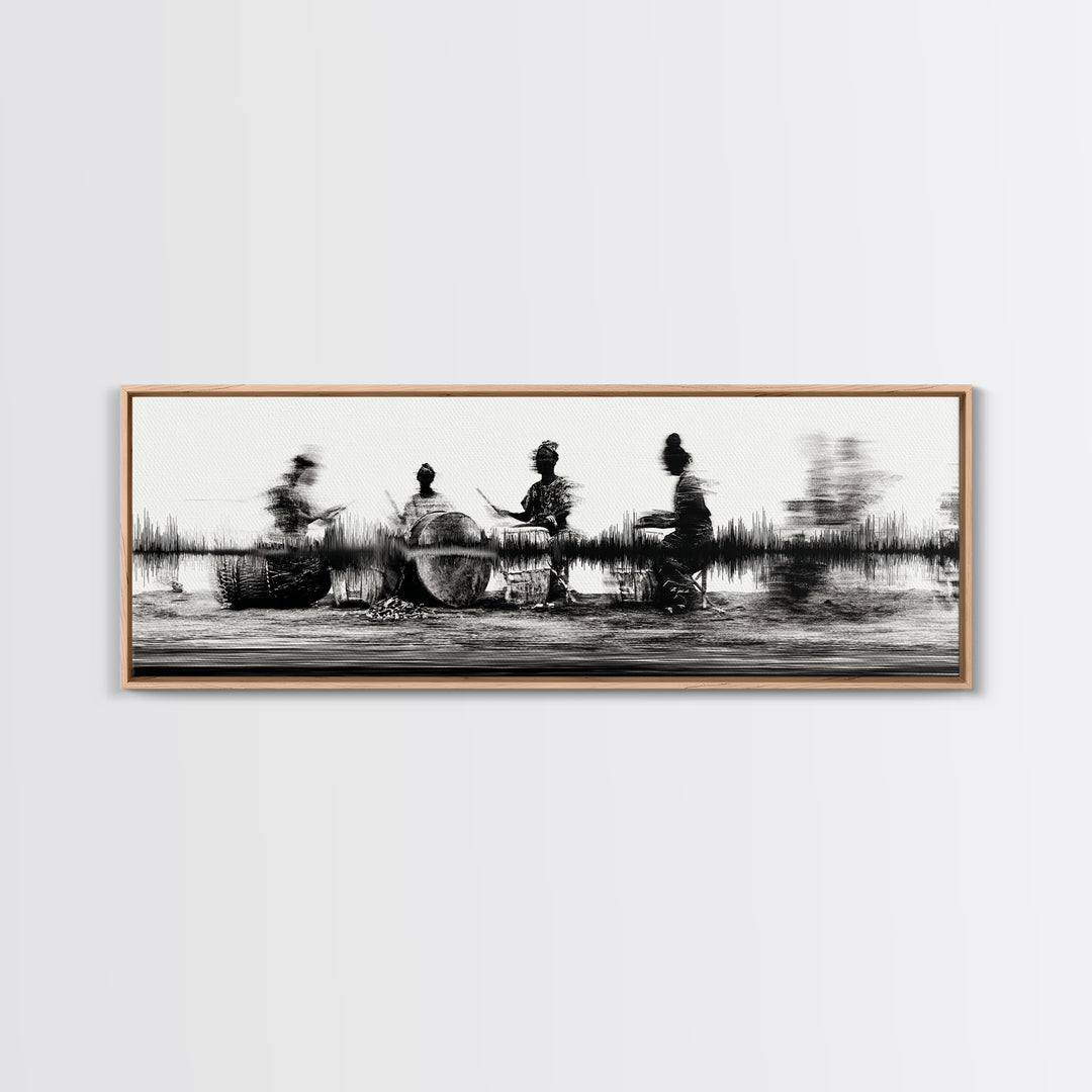 Black And White African Drummers Silhouette Wall Art, Tribal Music Decor, Afrocentric Canvas Print, Cultural Living Room Art