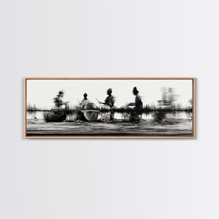 Black And White African Drummers Silhouette Wall Art, Tribal Music Decor, Afrocentric Canvas Print, Cultural Living Room Art