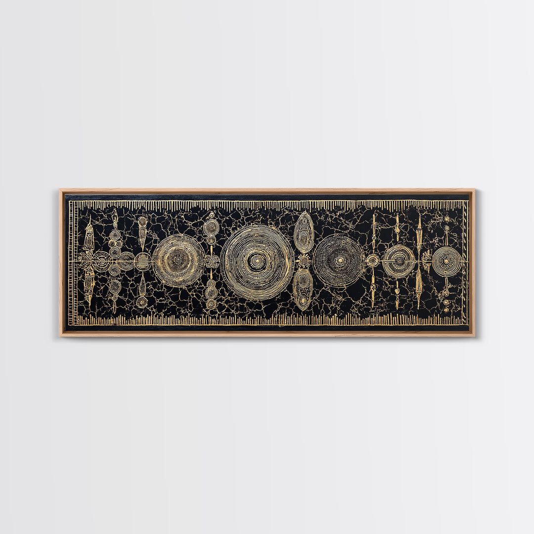 Gold Tribal Shields And Woven Kuba Patterns Framed Canvas Print, African Wall Decor, Ethnic Black Gold Cultural Art For Home