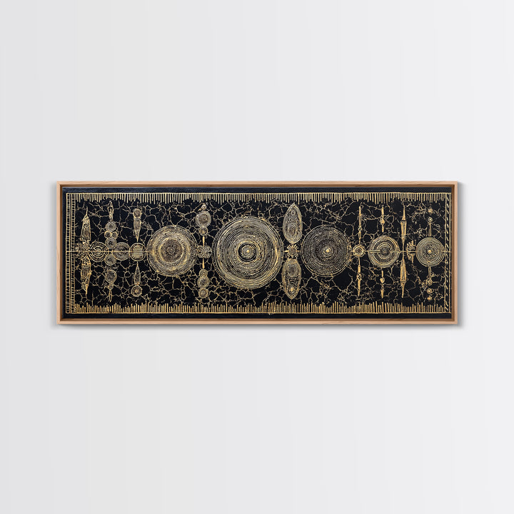 Gold Tribal Shields And Woven Kuba Patterns Framed Canvas Print, African Wall Decor, Ethnic Black Gold Cultural Art For Home