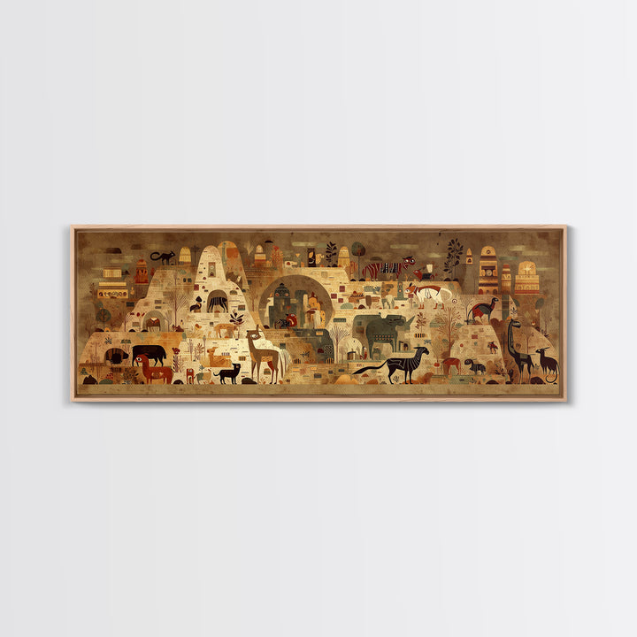 Ancient African Village With Wildlife And Huts Canvas Print, Safari Landscape Wall Decor, Tribal Culture Art For Living Room