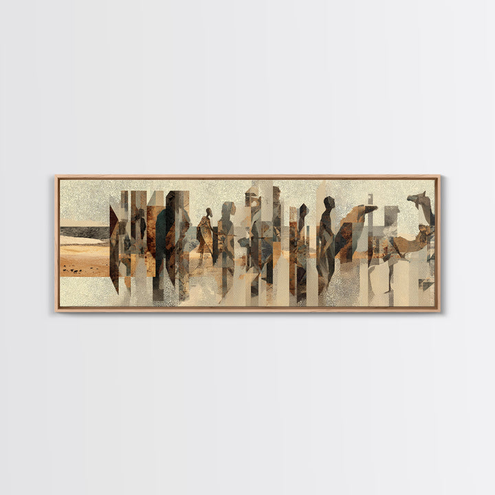 Abstract Desert Caravan With African Women Silhouettes Canvas Print, Minimalist Earth Tone Wall Decor, Cultural Portrait Art