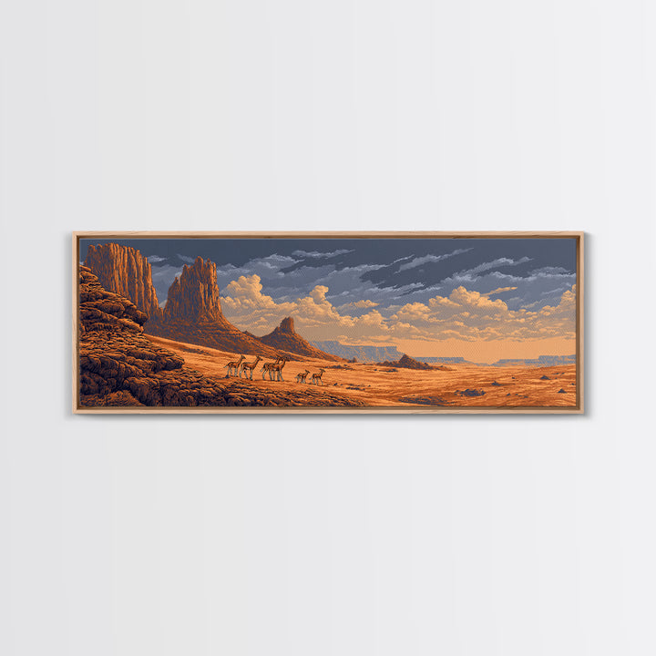 Golden Desert Safari With Antelope Herds And Mesas Wall Art, African Landscape Decor, Serengeti Inspired Canvas Print Gift