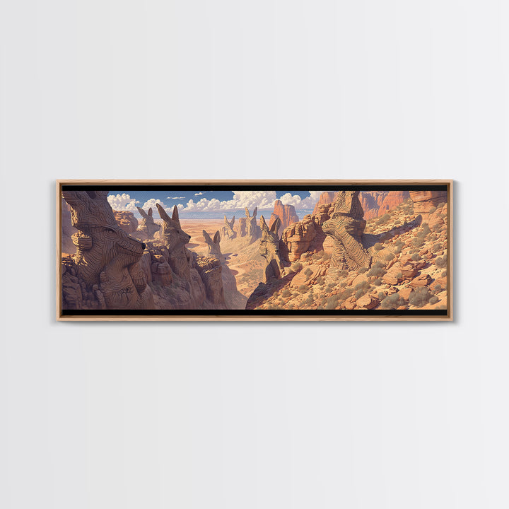 Carved Canyon Faces And Monument Valley Cliffs Wall Art, African Inspired Tribal Landscape Decor, Fantasy Canvas Print Gift