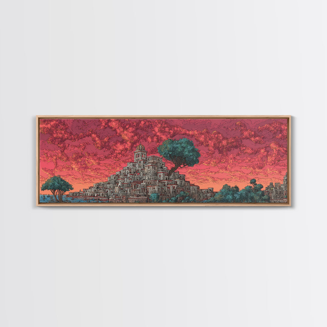 Ancient Stepped City Under Coral Sky Canvas Print, African Inspired Architecture Wall Decor, Mystical Travel Art For Home