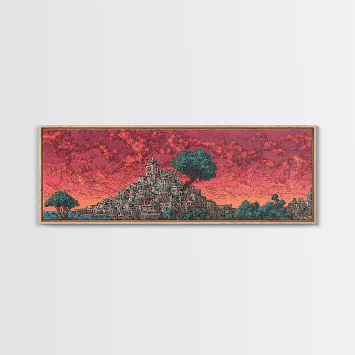 Ancient Stepped City Under Coral Sky Canvas Print, African Inspired Architecture Wall Decor, Mystical Travel Art For Home