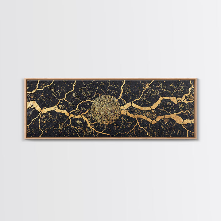 Black Gold Cracked Marble Medallion Wall Art, Luxury Abstract Wall Art, Modern Canvas Art, Elegant Home Decor Gift, Statement Wall Decor