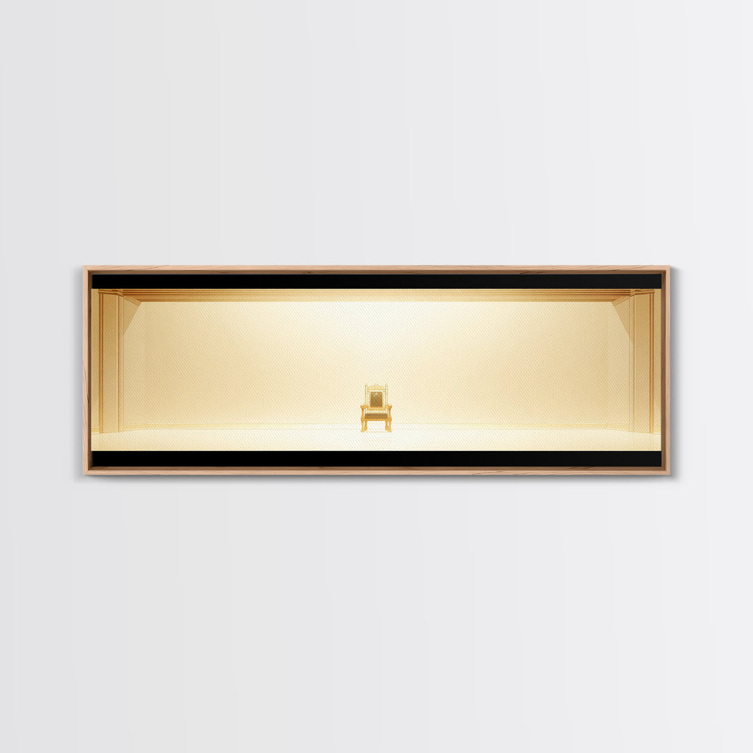 Minimal Golden Throne In Luminous Hall Framed Canvas Print, Minimalist Wall Art, Luxury Art, Elegant Home Decor Gift, Ready To Hang Art
