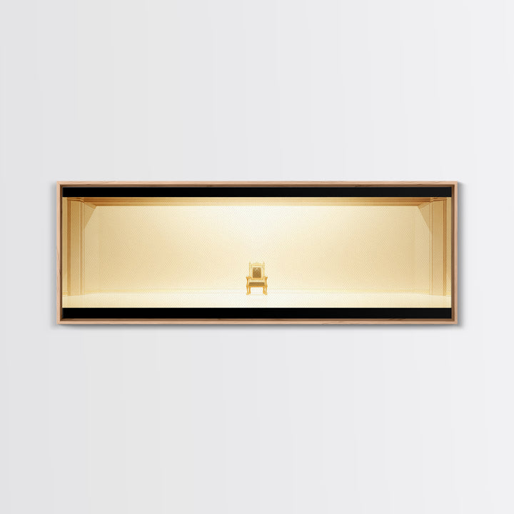 Minimal Golden Throne In Luminous Hall Framed Canvas Print, Minimalist Wall Art, Luxury Art, Elegant Home Decor Gift, Ready To Hang Art
