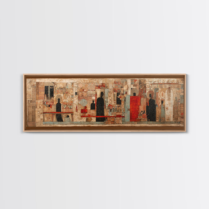 Ancient Textured Mural With Silhouetted Figures Wall Art, Cultural Wall Art, Ethnic Art Print, Abstract African Art Decor