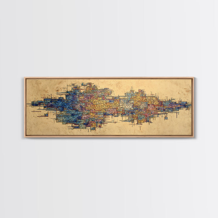 Abstract African City Map Canvas Print, Modern Geometric Wall Decor, Blue Orange Afrocentric Art, Panoramic Office Decor